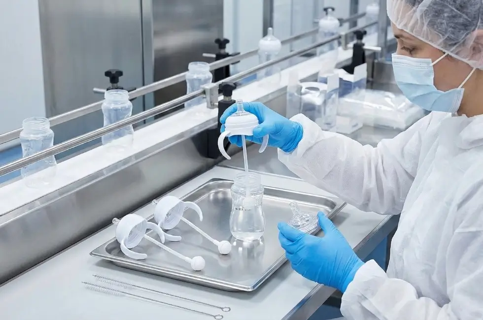 Baby bottle straw installation in a clean baby bottle production