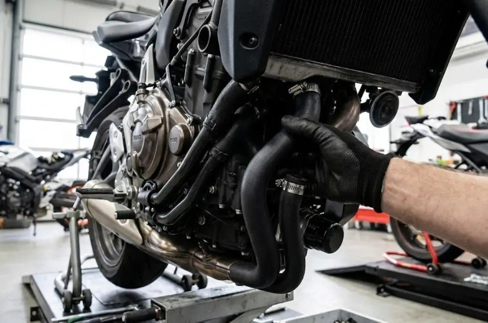 NBR hose installation scene on a motorcycle.